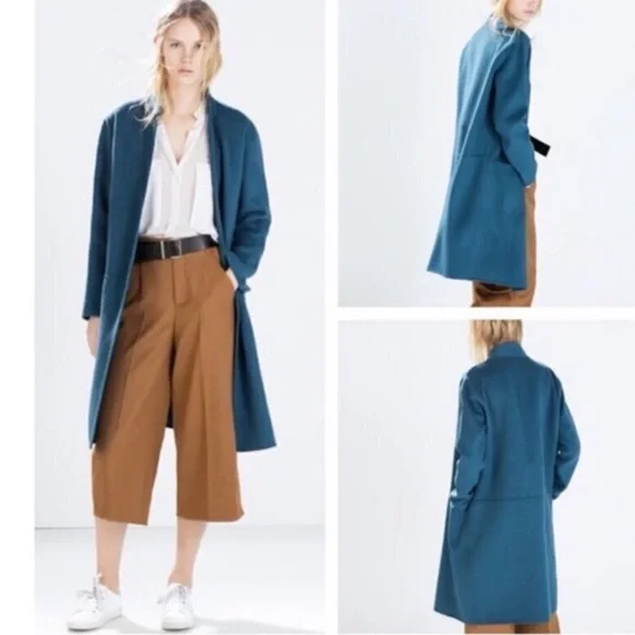 ZARA TEAL BLUE WOOL BLEND LONGLINE HAND-MADE 1 BUTTON CLOSURE DRESS COAT SZ MED - Picture 3 of 12